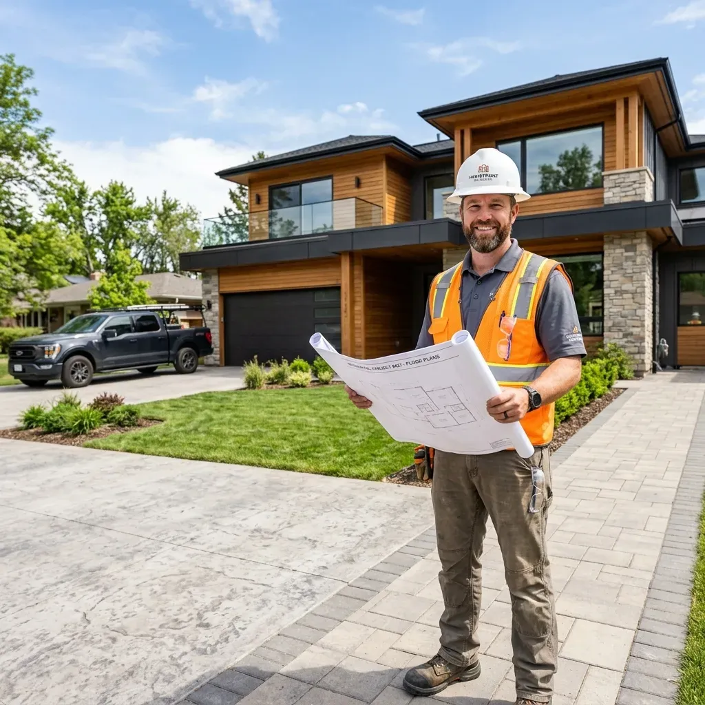 A contractor in a hard hat and safety vest holding floor plans outside a newly built two-storey home