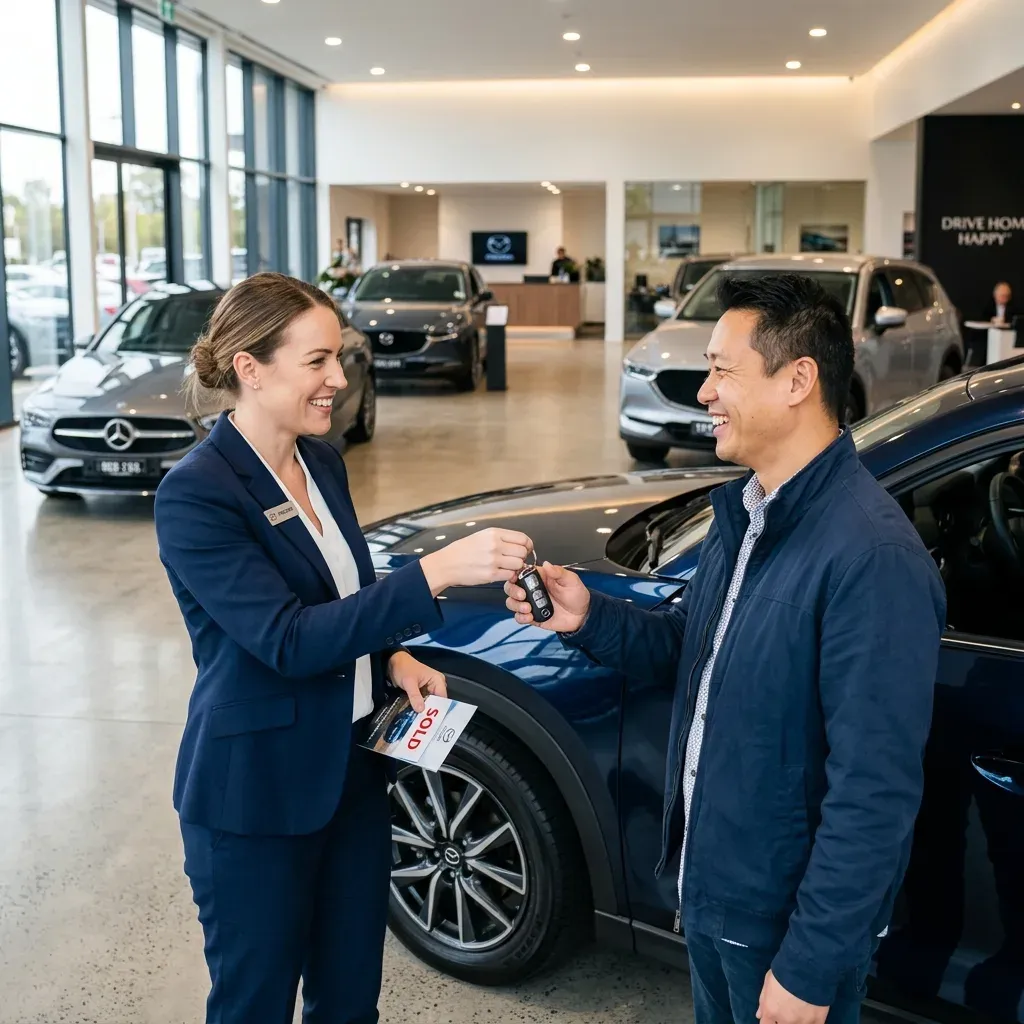 A dealership salesperson handing car keys to a smiling customer beside a new car in a showroom